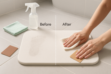 Side-by-side comparison showing diatomaceous earth bath mat instantly absorbing water while traditional fabric bath mat remains wet, with maintenance tools and cost comparison charts demonstrating key differences.
