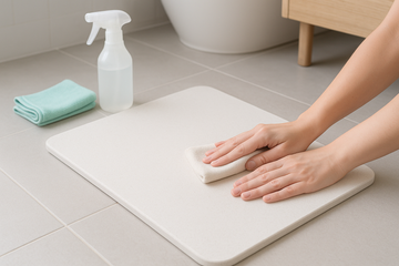 Split-screen image showing diatomaceous earth applications: natural pest control on one side and modern bath mat with superior absorption on the other, demonstrating versatility from garden to bathroom.