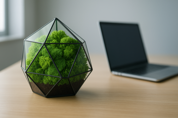 A minimalist office desk setup featuring a geometric glass preserved terrarium filled with vibrant green preserved moss, showcasing easy, no-maintenance decor.