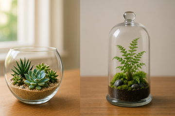 Side-by-side comparison of an open terrarium with succulents and a closed terrarium containing ferns, showcasing moisture control and design differences.