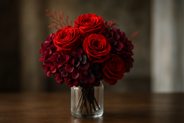 A vibrant assortment of preserved flowers including roses and hydrangeas in a glass vase, showcasing their vivid colors and textures