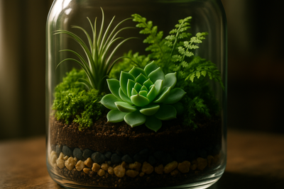 A beautifully arranged DIY terrarium featuring various plants like succulents and ferns, showcasing a layered substrate in a glass container