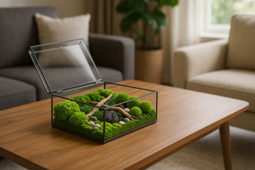 A zero preserved moss terrarium displayed elegantly on a minimalist desk, showcasing vibrant green moss and decorative stones in a clear glass container.