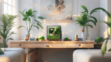 A zero preserved moss terrarium displayed elegantly on a minimalist desk, showcasing vibrant green moss and decorative stones in a clear glass container.