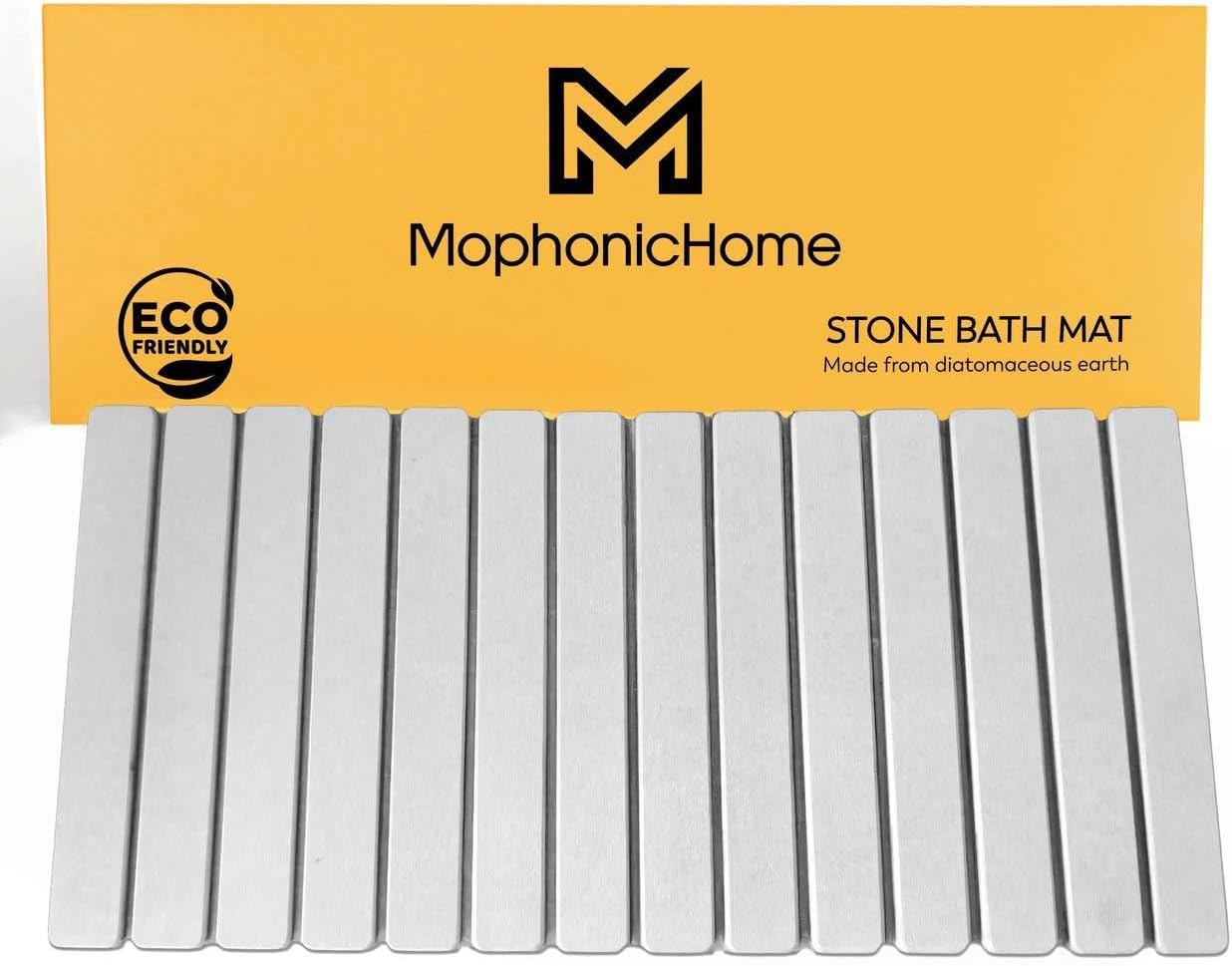 MophonicHome stone bath mat with yellow label and brand logo