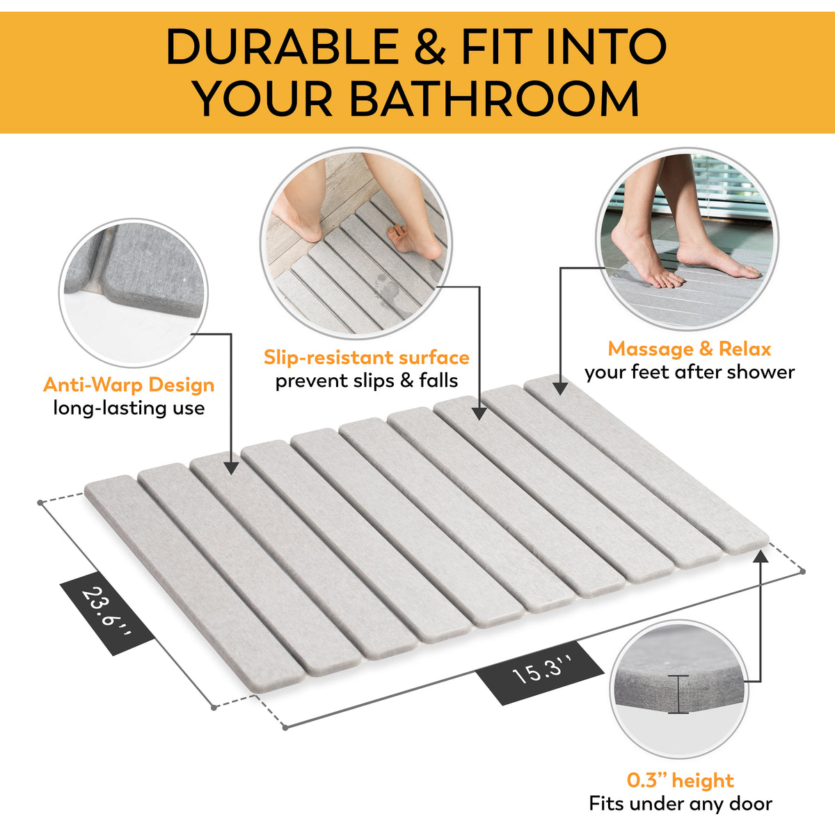 Diatomaceous earth bath mat demonstrating instant water absorption, quick-drying, and anti-bacterial benefits in modern bathroom setting with natural lighting.