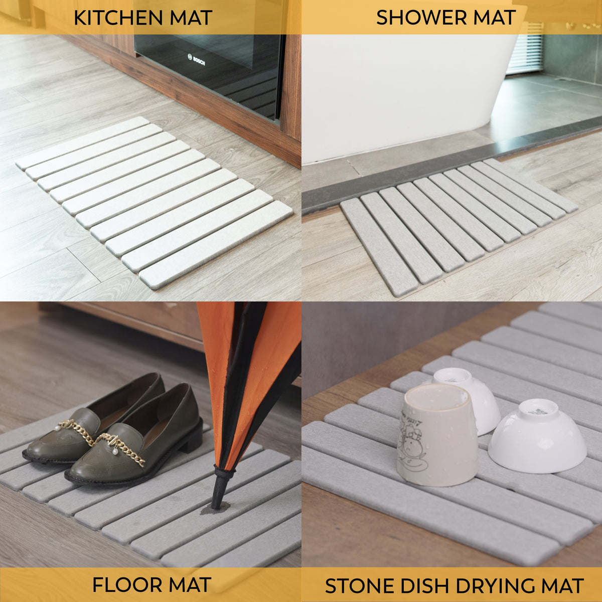 Collage showing diverse diatomaceous earth applications: natural pest control, skincare products, water filtration, and modern bath mats demonstrating versatility from household to personal care uses.