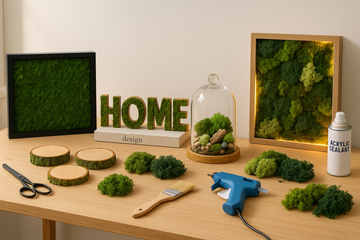 DIY preserved moss art projects display with tools, moss, and decorative elements on a wooden table
