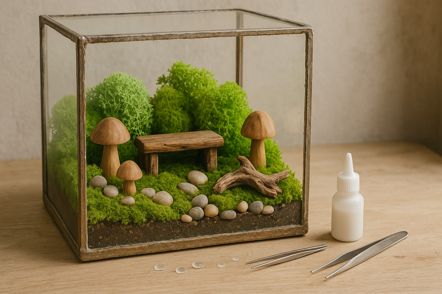 A creatively arranged preserved moss terrarium with various moss types, pebbles, and decorative elements in a modern glass container on a wooden table.