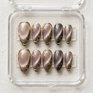 black cat eye almond medium press on nails gold swirl mockup 01