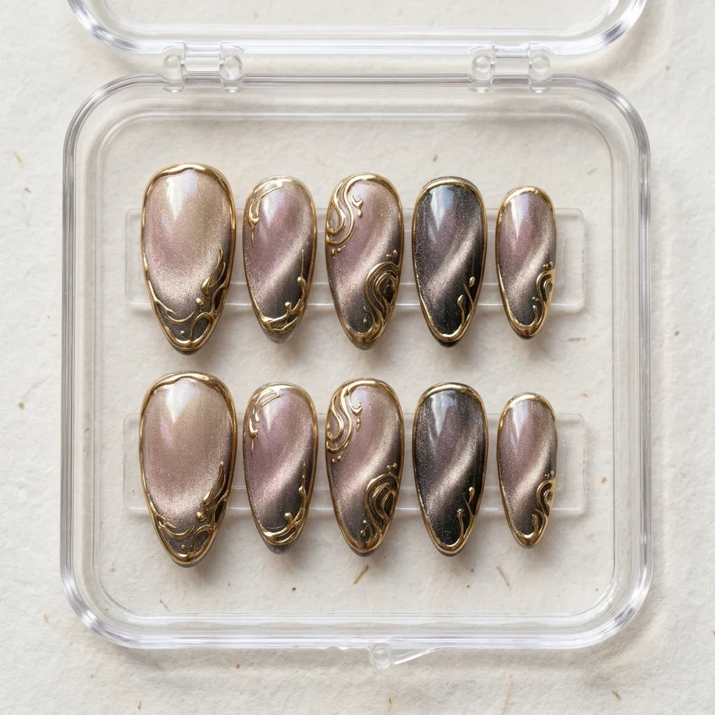 black cat eye almond medium press on nails gold swirl mockup 01