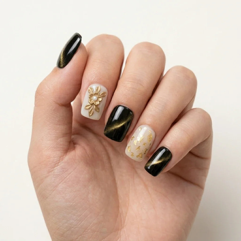 black nude gold 3d cat eye square short press on nails flower flake flat lay 03
