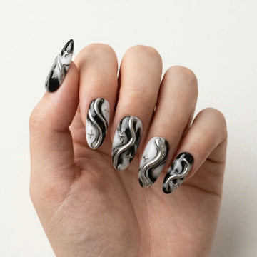 black white silver 3d marble almond press on nails chrome swirl star flat lay 03