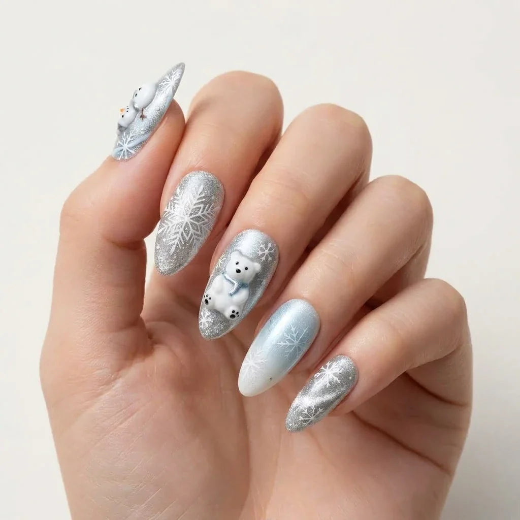 White 4th July Hand Painted Long Almond Press On Nails Red Blue Fireworks