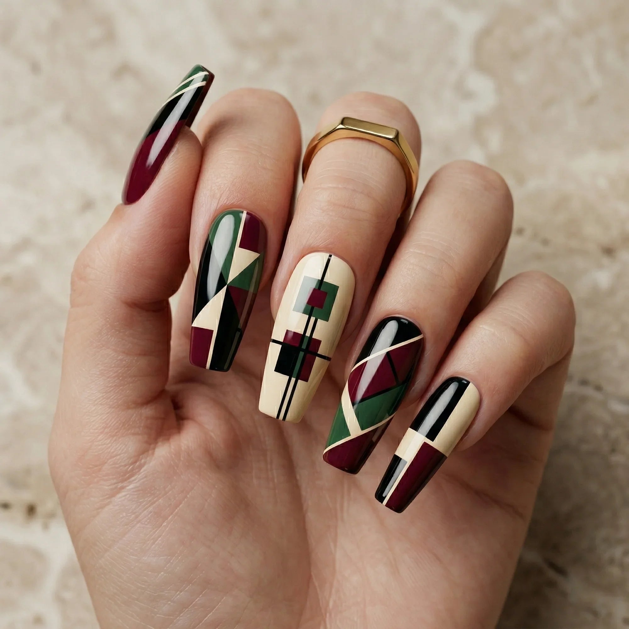 burgundy green beige geometric abstract coffin long press on nails mockup 02