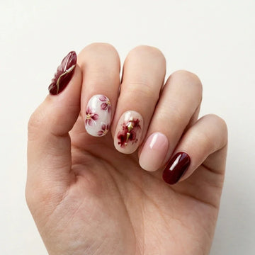 burgundy nude 3d hand painted oval press on nails flower gold rhombus wire flat lay 03