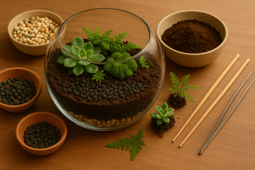 Step-by-step DIY terrarium assembly showcasing colorful layers of pebbles, activated charcoal, soil, and vibrant plants.