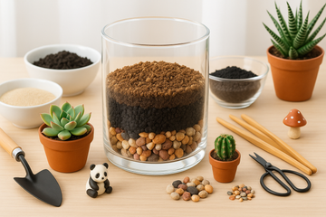 Step-by-step setup of a DIY succulent terrarium showcasing tools, soil layers, and plant arrangement techniques