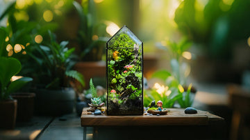 A beautifully arranged DIY terrarium showcasing a variety of plants within a geometric glass container, complete with decorative elements