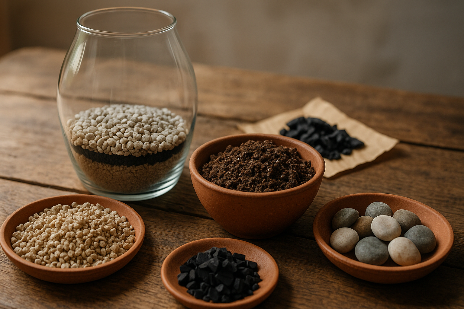 Selection of terrarium supplies including containers, substrate layers, and decorative elements laid out on a rustic wooden table, ready for assembly