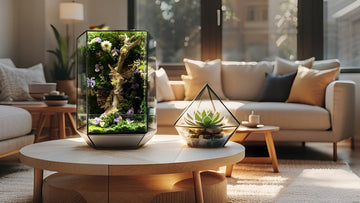 Modern living room featuring a stylish geometric glass terrarium with lush succulents on a coffee table, enhancing the decor