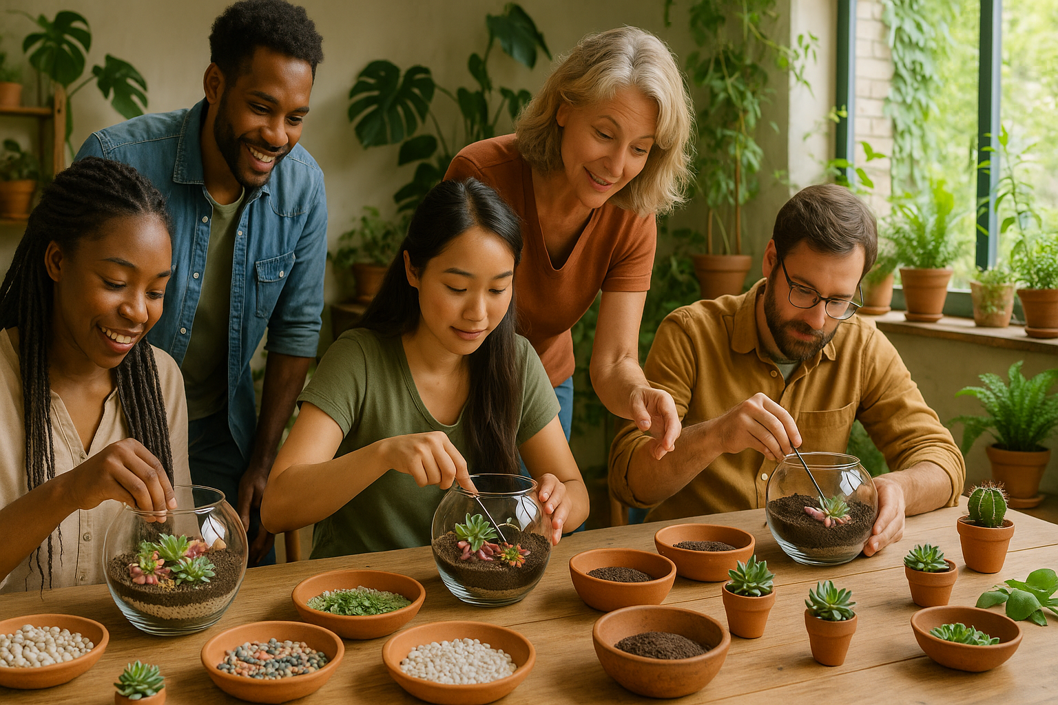Participants engaged in a hands-on terrarium workshop, carefully layering substrates and arranging plants in glass containers