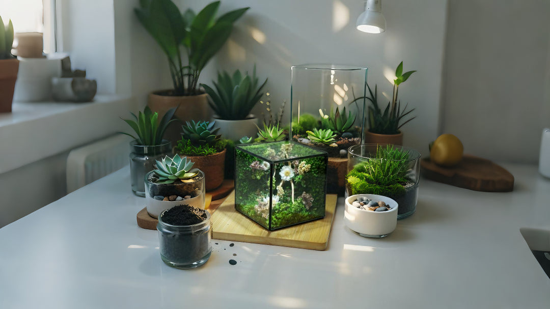 Step-by-step setup of a terrarium kit showcasing essential components like soil, pebbles, and plants in glass containers