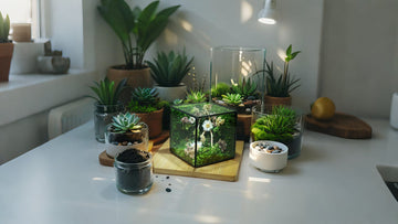 Step-by-step setup of a terrarium kit showcasing essential components like soil, pebbles, and plants in glass containers