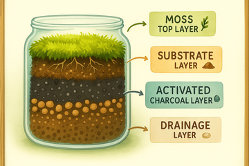 An illustrated diagram showcasing the key layers of a terrarium, including drainage, charcoal, substrate, and moss, highlighting their functions and arrangement