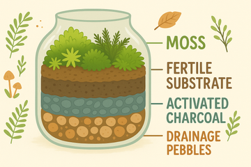 Guide showing step-by-step layers of a moss terrarium, including ingredients like drainage pebbles, activated charcoal, substrate, and moss varieties