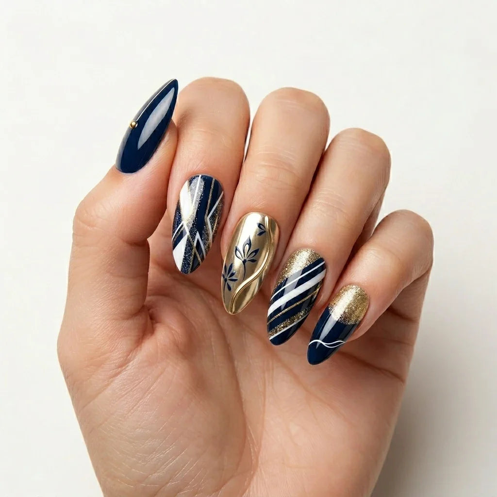 Navy Ivory Red 3D Ombre 4th of July Almond Press On Nails Wreath Star