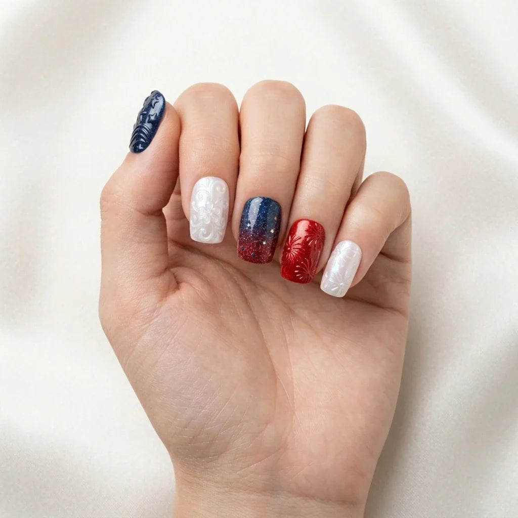 Navy White Red 3D Ombre 4th of July Square Press On Nails Firework Star