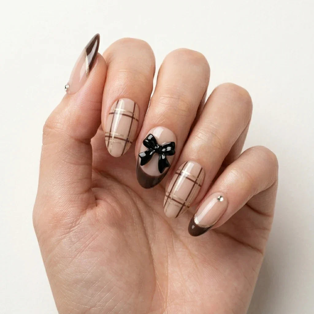 nude brown black 3d french tip almond press on nails checkered ribbon bow mockup 01