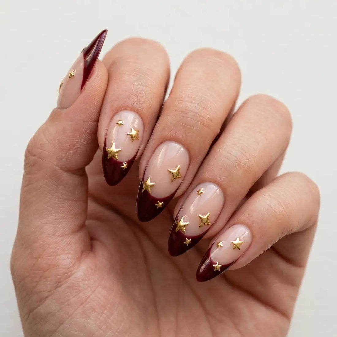 nude burgundy 3d french tip almond press on nails gold star lifestyle 02