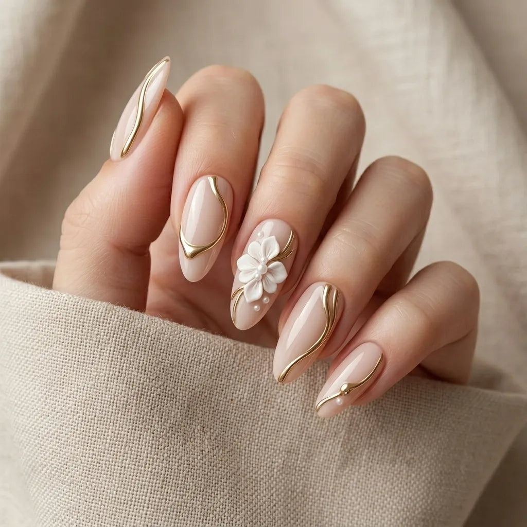 nude pink 3d almond gold chrome swirl flower press-on nails