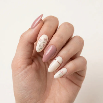nude pink hand painted almond press on nails floral gold line mockup 01