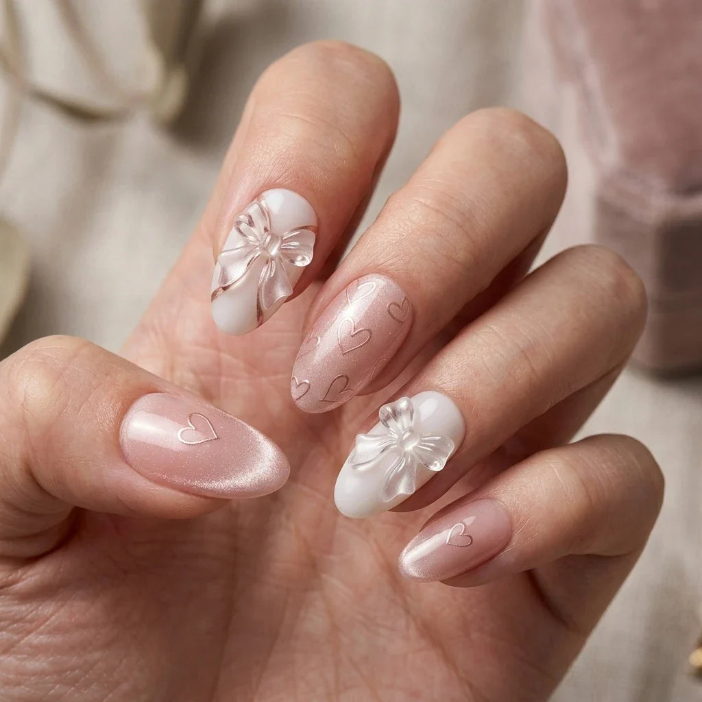 nude pink white 3d chrome almond press on nails ribbon bow heart detail 04