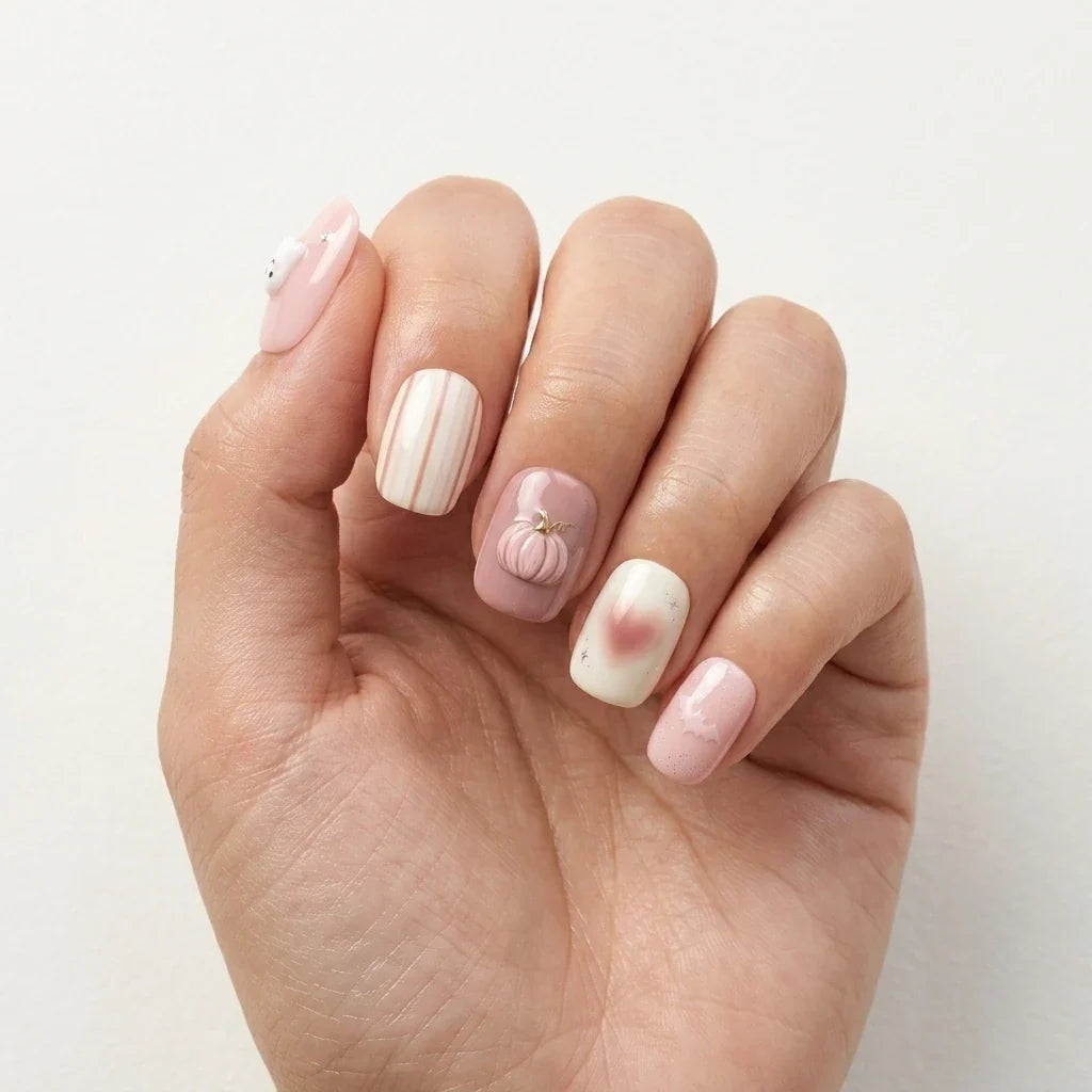 Pearl White 3D Chrome Oval Press On Nails Ribbon Bow Moon Star Heart