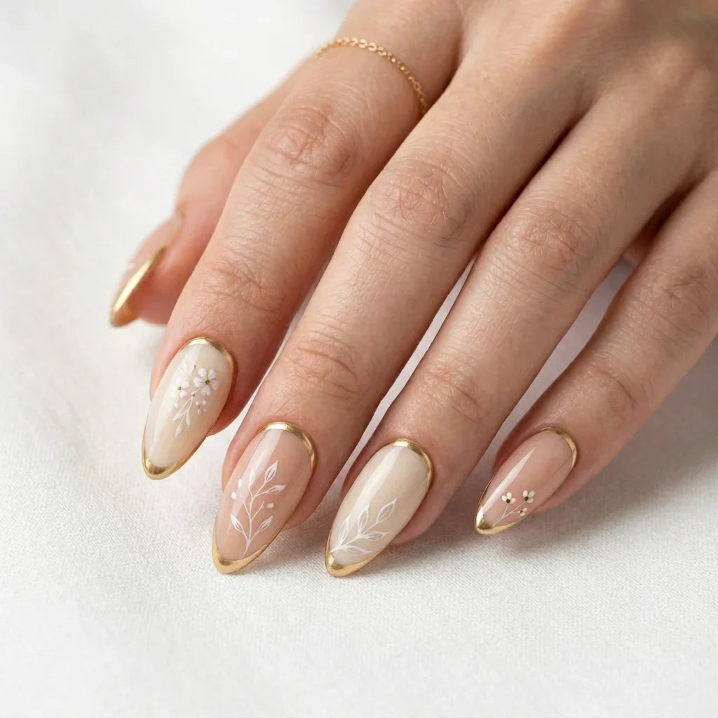 nude white gold french tip almond press on nails botanical flower mockup 01