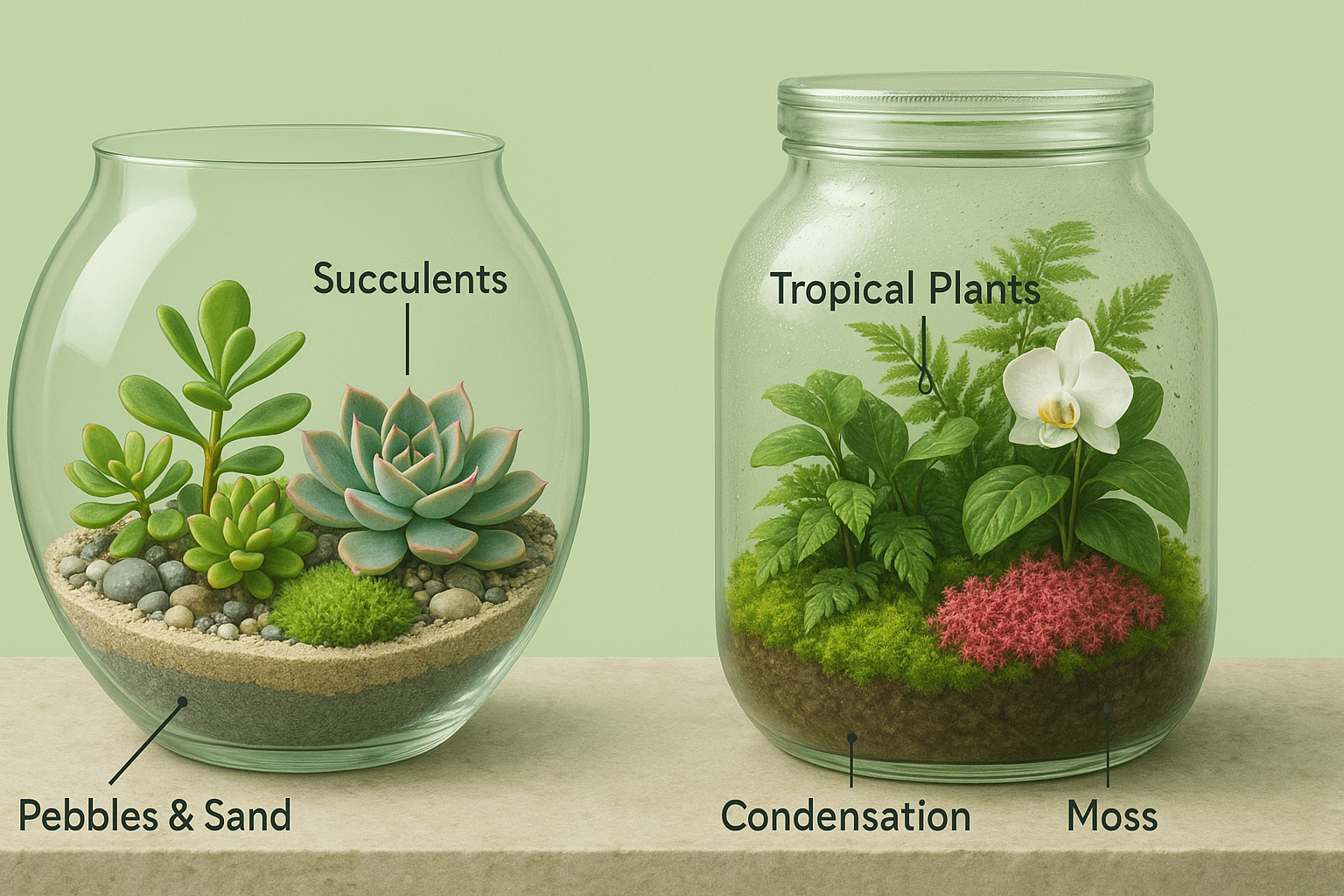 A side-by-side comparison of an open terrarium filled with succulents and a closed terrarium housing tropical plants, demonstrating the differences in design and plant compatibility