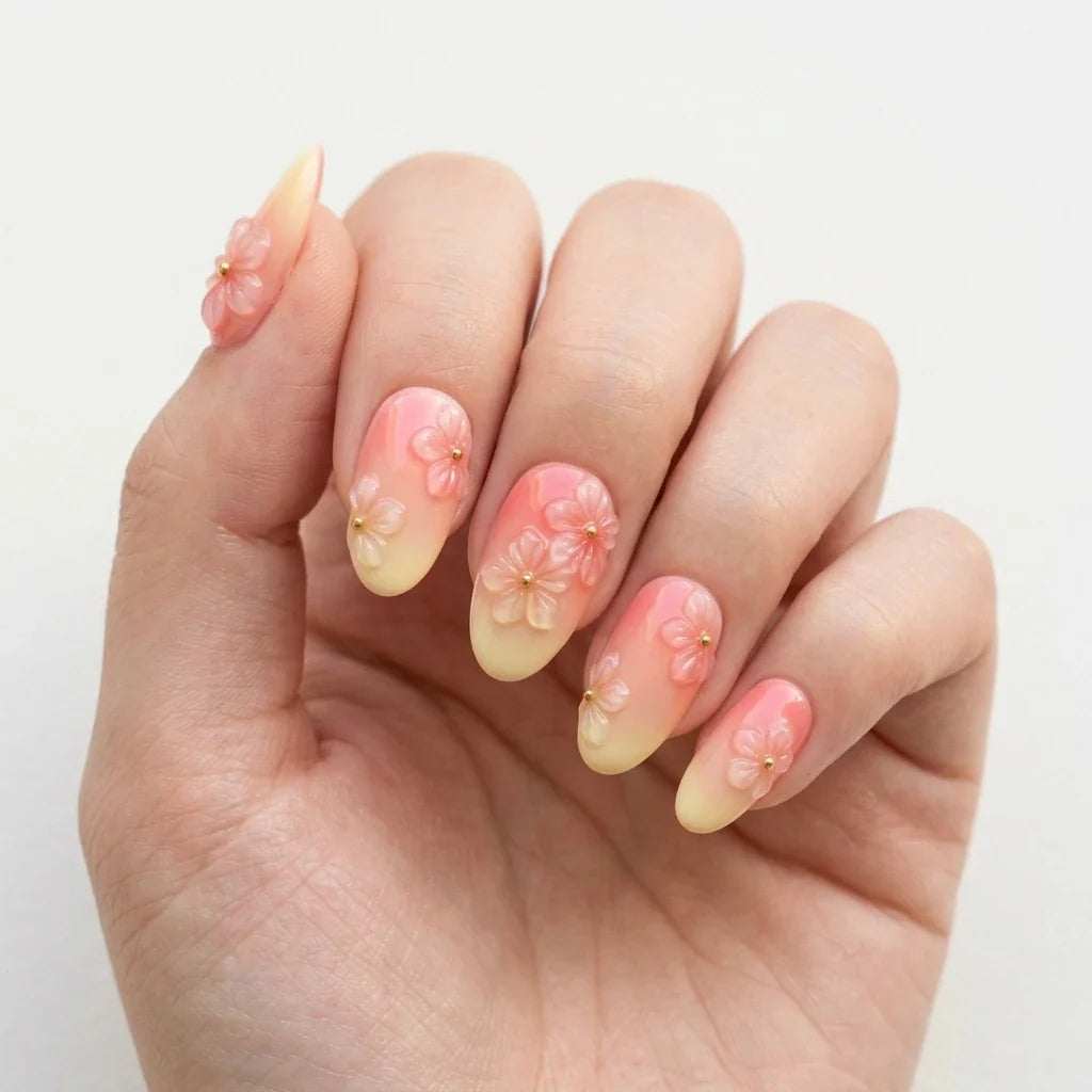 Peach Yellow 3D Ombre Oval Press On Nails Cherry Blossom