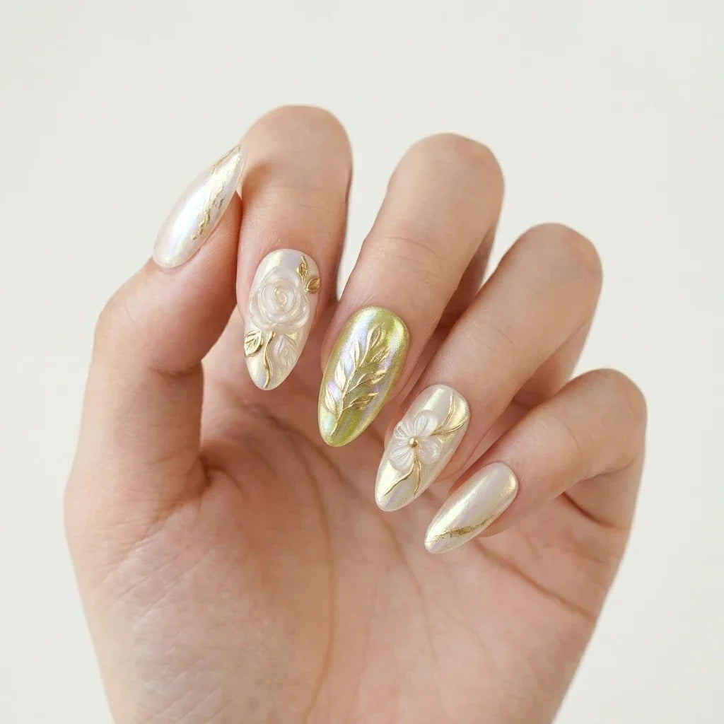pearl lime gold 3d chrome almond press on nails rose floral vine lifestyle 03