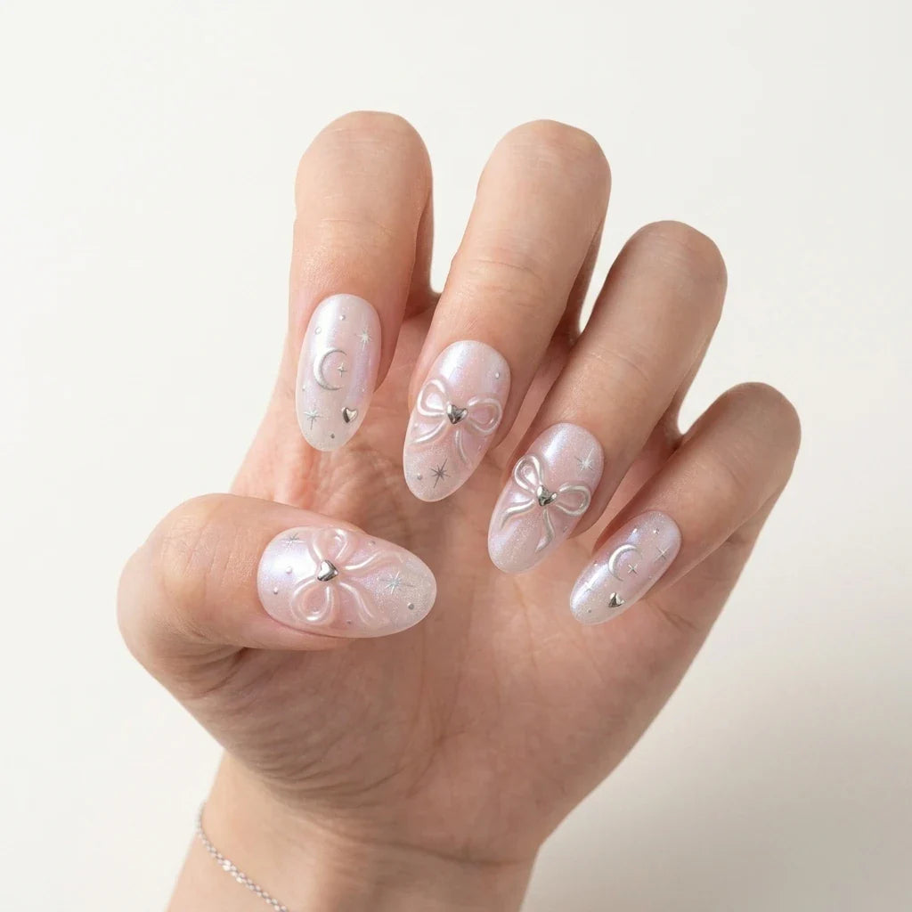 Mauve Gold Silver 3D Cat Eye Almond Press On Nails Celestial Snake