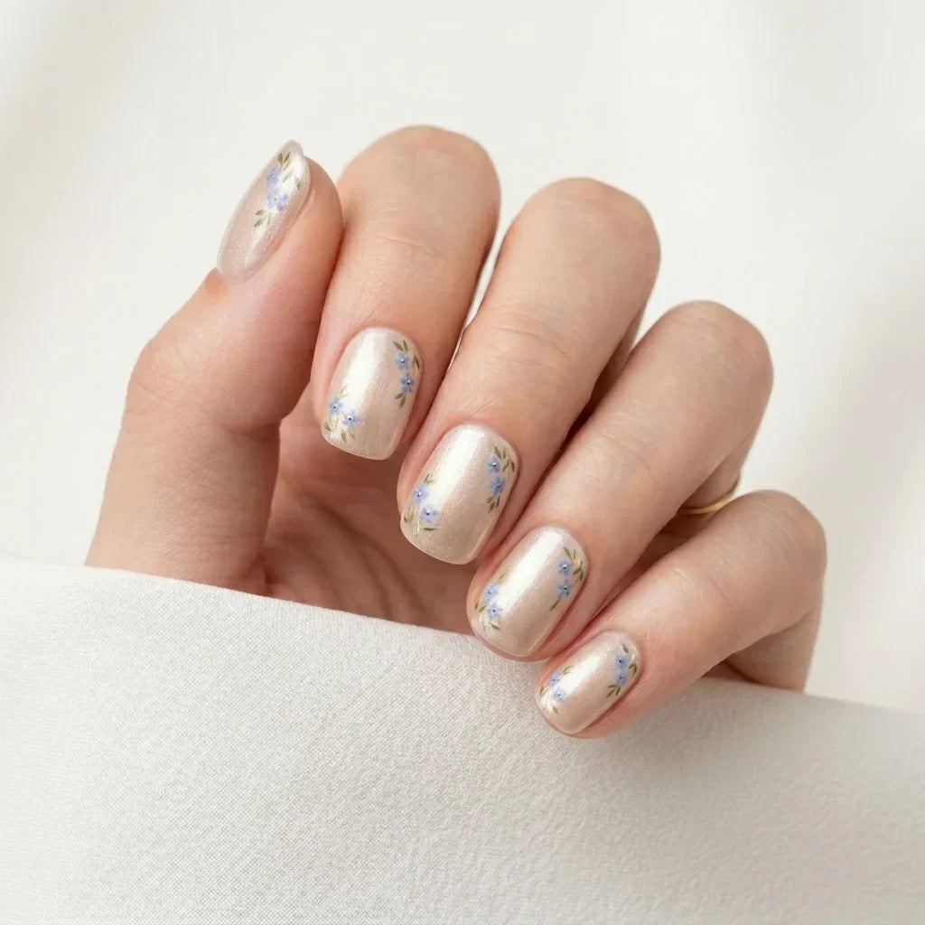 pearl white blue hand-painted chrome short square floral pattern press-on nails