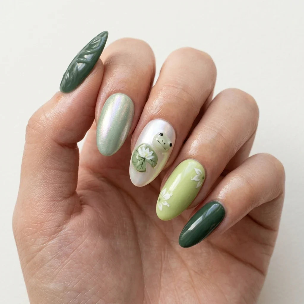 Teal Sky White 3D Cat Eye Almond Press On Nails Peony Bloom Seashell Pearl