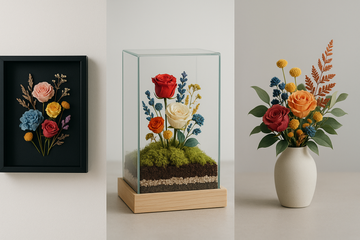 Three display ideas for preserved flowers: a modern frame on a wall, a glass cloche arrangement, and a vase centerpiece on a table
