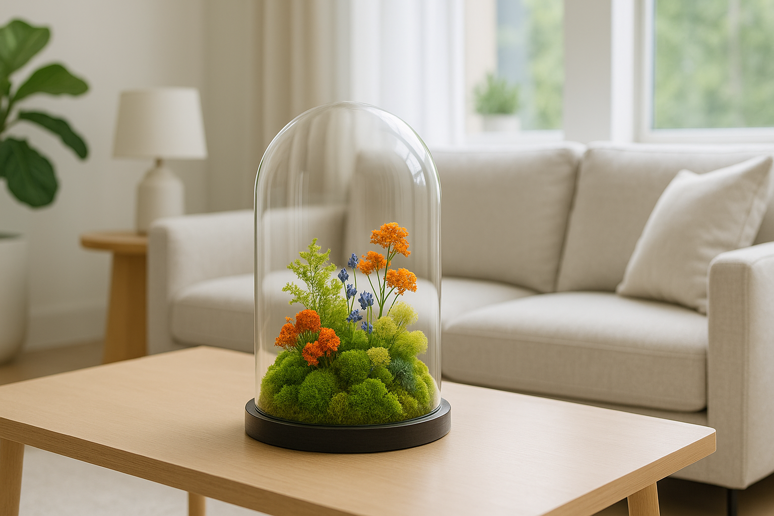 Stylish preserved terrarium in a modern living room, showcasing vibrant moss and floral displays in a glass dome