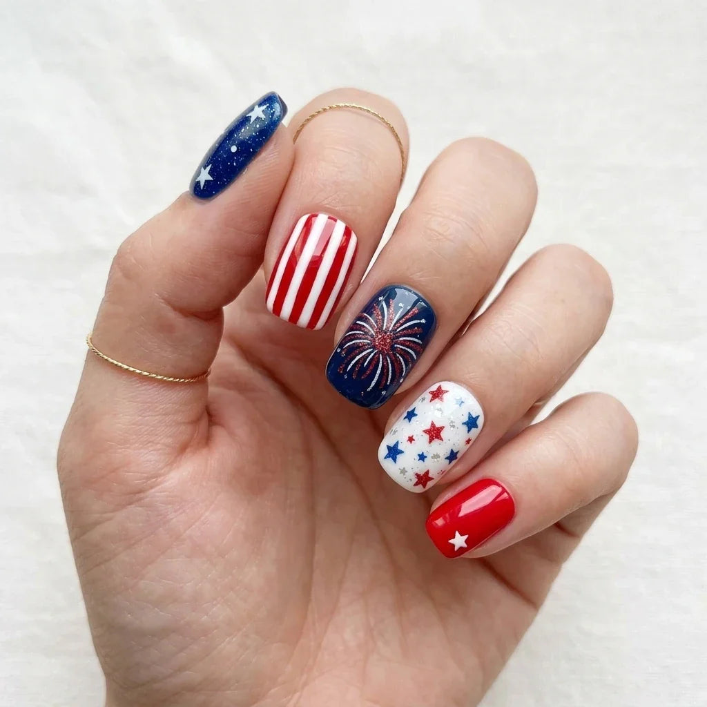 Red Blue White 4th July Hand Painted Short Square Press On Nails Stripes Red Blue Stars