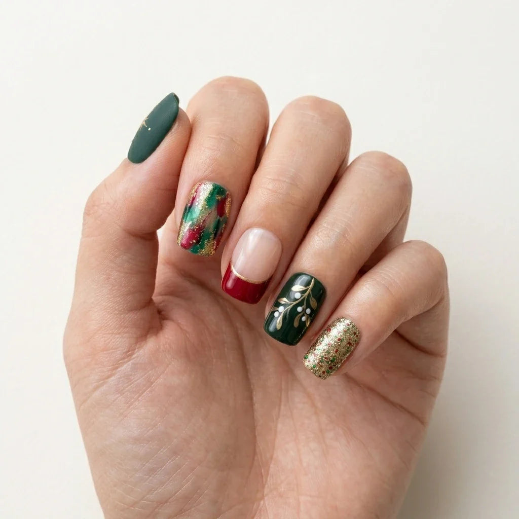 red green ivory glitter french tip christmas square short press on nails holly mockup 01