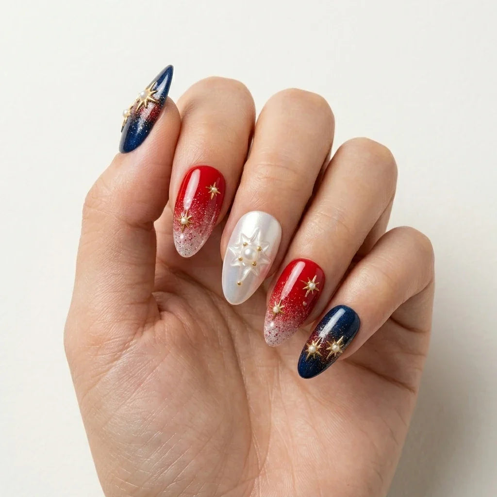 Red Navy White 3D Ombre 4th of July Almond Press On Nails Star Pearl